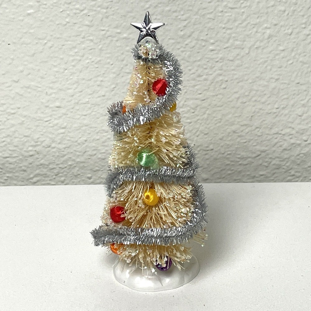 Vintage 2001 Lemax White Bottle Brush Christmas Village Tree Beaded 6.5"